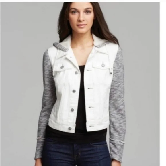 Free People Distressed White Denim Button Up Hooded Jacket Gray thermal Contrast - Picture 3 of 16